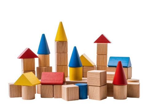 Colorful wooden building blocks stacked to form a miniature town or city, an educational toy scene isolated for children s learning and creative design