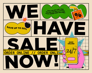 Vintage-styled sale promo poster featuring bold typography and playful graphics. Ideal for attracting customers with discounts and online shopping options, perfect for retail marketing campaigns.