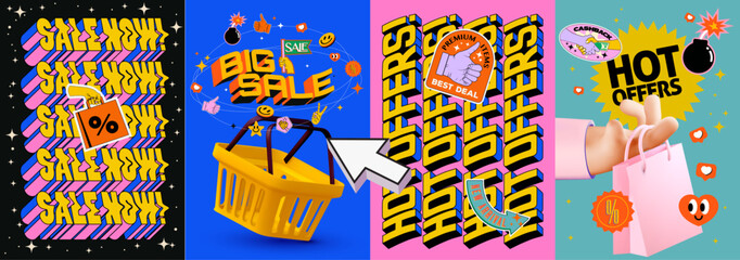 Vibrant poster set for sale promotions featuring catchy slogans, bold graphics, and a playful design. Ideal for retail marketing, these posters highlight hot offers, discounts