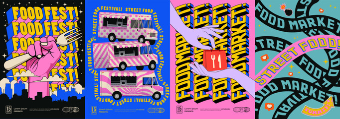 Vibrant poster or flyer set for street food fest and food market promotions. Featuring bold typography and vibrant visuals, these posters capture the excitement of culinary events