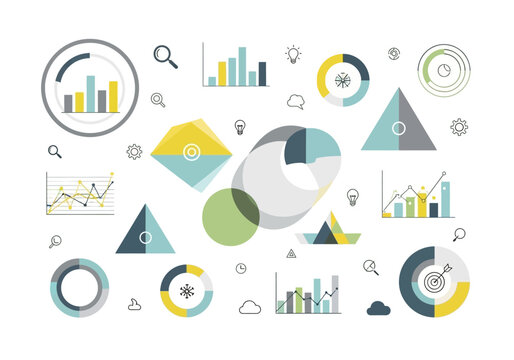A collection of various colorful business chart and graph illustrations displayed.