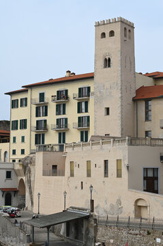 The Historic Torre di Marina in Piombino, Italy. A Medieval Coastal Defense Structure with Neogothic bifora windows, overlooking the old harbor
