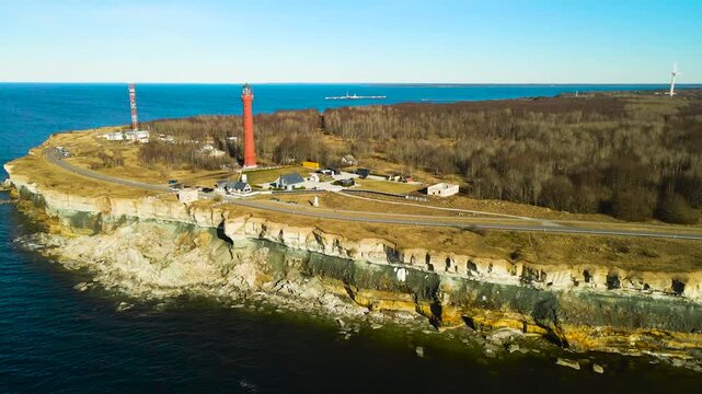 Aerial view of Pakri lighthouse on a cliff overlooking the Baltic Sea