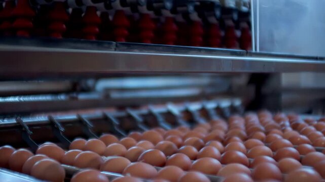 Automated poultry processing machine handling eggs on conveyor system, showcasing industrial food production, sorting and packaging workflow, highlighting efficiency and modern agricultural technology