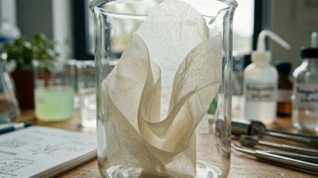 Reusable filter paper beaker laboratory experiment with biodegradable materials sustainable green chemistry notes showing delicate fiber membrane