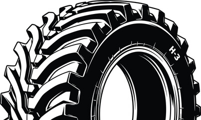 Heavy duty tractor tire closeup with deep agricultural tread pattern, detailed black and white vector illustration for farming, machinery, transport, and industry use © Abdullah
