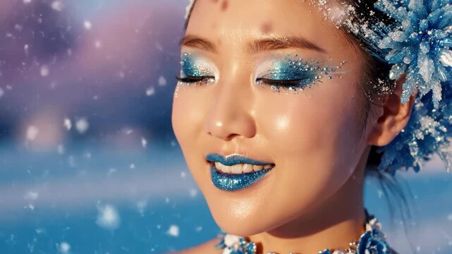 Closeup of woman with sparkling blue winter makeup and snowflakes