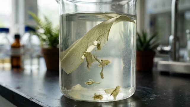 Biodegradable materials green chemistry laboratory beaker film fragment dissolving plant‑based textile pulp experiment showing clear solution