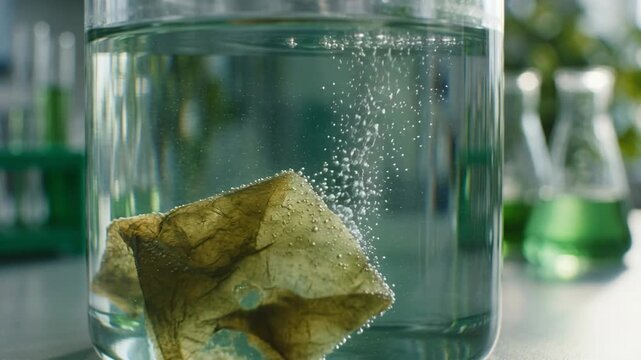 Biodegradable materials green chemistry tea bag steeping glass jar releasing bubbles and natural fibers dissolving water with bubbling reaction