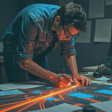 Un joven arquitecto dibuja sobre un plano hologr?fico con una pluma l?ser.