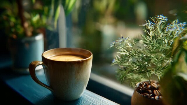 A Tranquil Morning Coffee Scene Featuring a Warm Mug and Lush Greenery on a Sunlit Windowsill, Evoking Calmness and Relaxation in Nature's Embrace