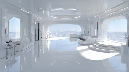 Obraz premium Spacious white interior room with glossy floors and large arched windows overlooking a