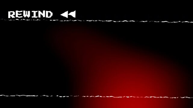 A nostalgic VHS rewind overlay features distorted white tracking lines flickering across a dark background while subtle red light leaks add an authentic retro aesthetic to the classic cassette effect