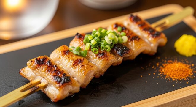 A single appetizing grilled yakitori skewer, richly topped with freshly chopped green onions, rests on an elegant black slate serving plate alongside red chili flakes and a dab of yellow mustard.