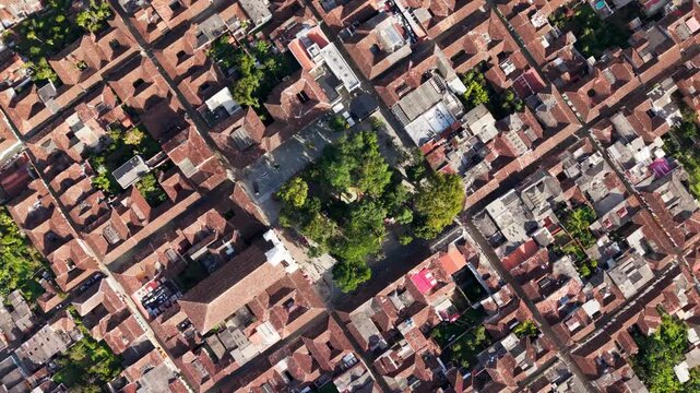 Aerial top down view of the historical colonial town of salamina in caldas, colombia