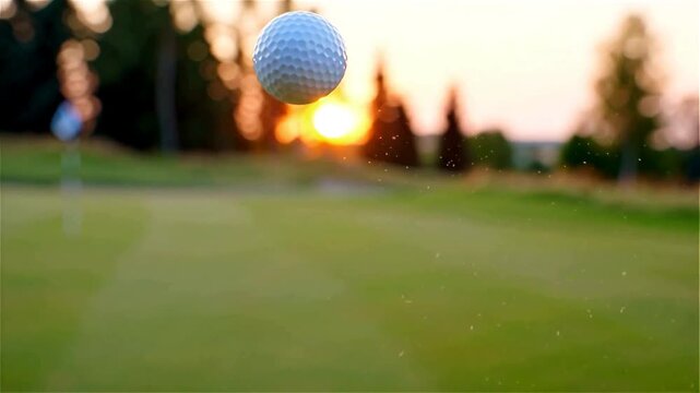 Cinematic high-speed shot of a white dimpled golf ball frozen mid-air above a lush green golf course at sunset. Sharp focus on the airborne ball with beautiful bokeh background of fairways and trees.