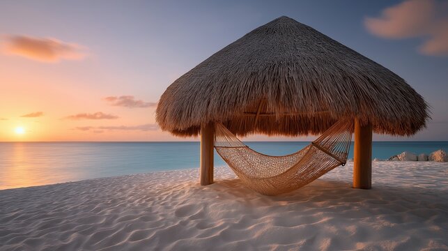 Wei&szlig;e H&auml;ngematte h&auml;ngt entspannt unter einem rustikalen Strohdach auf wei&szlig;em Sandstrand bei goldenem Sonnenuntergang &ndash; tropische Urlaubsidylle pur