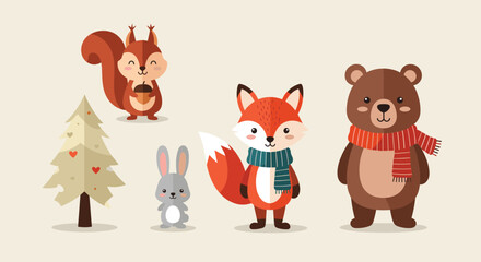 Fototapeta premium Cute woodland animals including a squirrel, fox, bear and rabbit stand together in a forest setting with a decorated tree.
