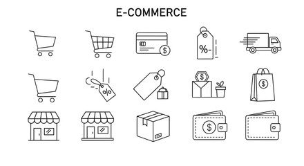Fototapeta premium Clean line icon set for retail business featuring shopping carts, price tags, secure payments, and delivery tracking.