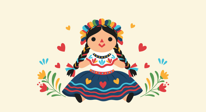 Traditional mexican lele doll illustration depicts a colorful toy with braided hair and a patterned dress on a plain background.