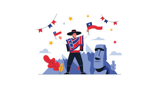Man in traditional chilean huaso costume celebrates national day with flags in front of mountains and an easter island moai.