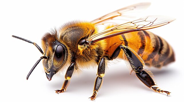 Macro Close-Up of Honey Bee Isolated on White Background &ndash; Detailed Pollinator Insect with Fuzzy Body, Compound Eyes & Veined Wings for Entomology, Education, Wildlife Design & Scientific Illustration