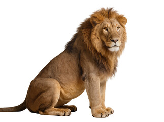 Majestic adult male lion with a magnificent golden mane, sitting calmly and looking forward, isolated PNG on transparent background, powerful wild animal for design projects © Oisin