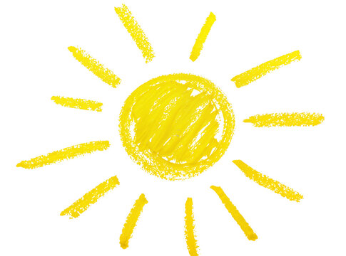 Yellow crayon sun drawing with radiating rays, a cheerful summer symbol isolated, ideal for kids projects and sunny weather designs PNG