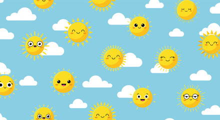 Fototapeta premium Cute seamless pattern of yellow smiling sun characters and white clouds floating across a bright light blue sky background.