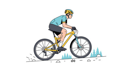 Fototapeta premium A male cyclist in a yellow helmet and blue jersey rides a yellow mountain bike on a dirt path with small trees.