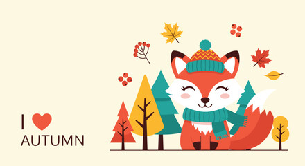 Naklejka premium Adorable red fox wearing a teal winter hat and scarf sitting in a beautiful autumn forest with colorful falling leaves.