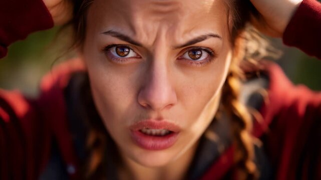 A Young Woman in Distress: Capturing Deep Emotional Turmoil and Anxiety in a Close-Up Shot, Highlighting Struggles and Inner Conflict in a Gritty Setting