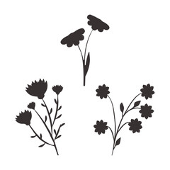 Naklejka premium Three black floral silhouettes are depicted on a clean white background. Each silhouette presents a unique abstract flower or plant arrangement, suitable for various graphic design purposes.