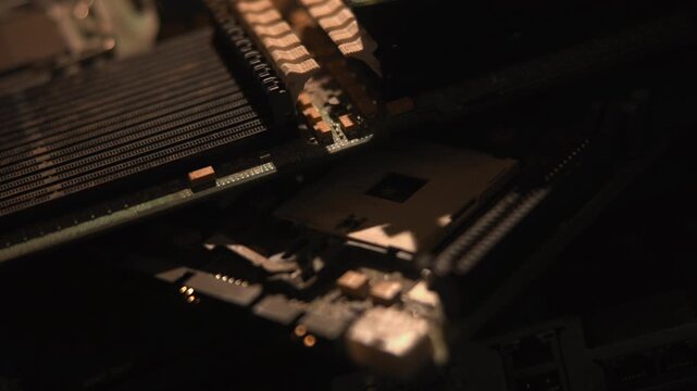 Close Detailed Shot Of Technician Connecting And Examining RAM Module With Precision And Focus. Media