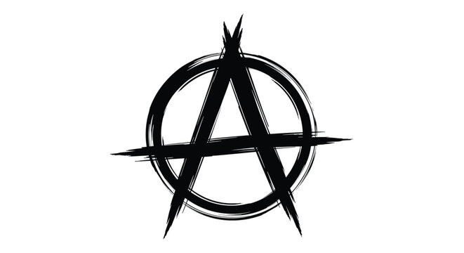 Hand drawn anarchy symbol created with black ink brush strokes on a white background representing social rebellion and freedom.