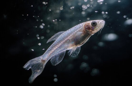 Un pez transl?cido nada en aguas profundas, revelando su estructura interna.