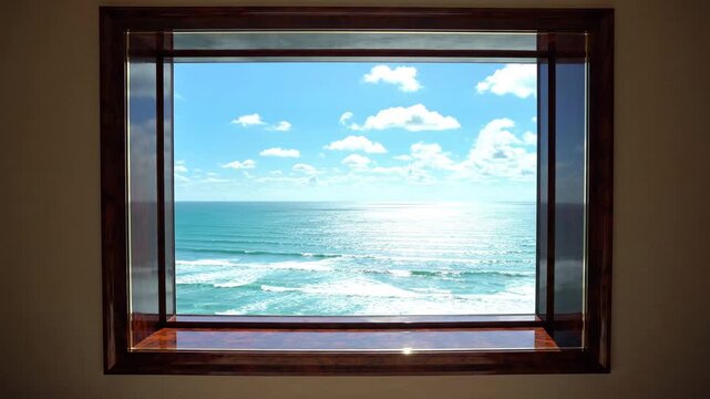 A window with a wooden frame overlooking a bright blue ocean and sky with sunlight reflecting on the water.
