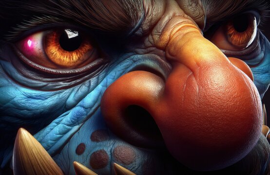 Primer plano de un rostro de criatura con rasgos intimidantes y una mirada penetrante.