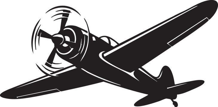 A minimalist black and white vector illustration of a vintage propeller airplane in mid-flight