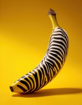 Una banana con un dise?o de cebra sobre un fondo amarillo brillante.