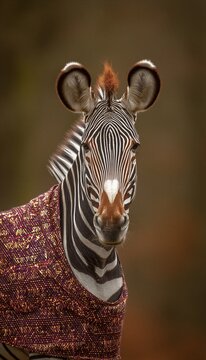 Un retrato impactante de una cebra con un chal vibrante.