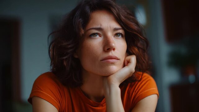 A pensive young woman in a cozy interior setting, lost in thought, conveying emotion and introspection, with soft lighting highlighting her features and expression.