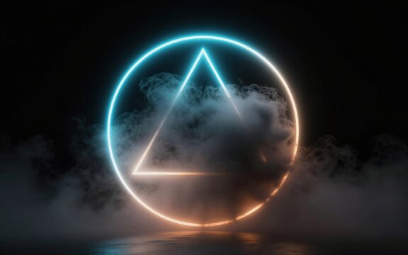 Un c?rculo y un tri?ngulo de luz brillante emergen de la niebla en un entorno oscuro y misterioso.
