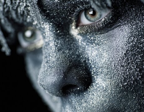 Primer plano de un rostro cubierto de pintura plateada, con un ojo verde intenso.