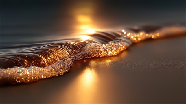 Nahaufnahme einer goldenen Welle mit funkelnden Glitzerpartikeln im Gegenlicht