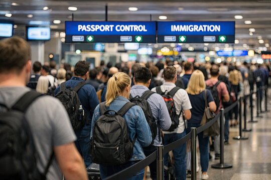 Long queue of passengers at airport passport control and immigration checkpoint with travel backpacks and luggage