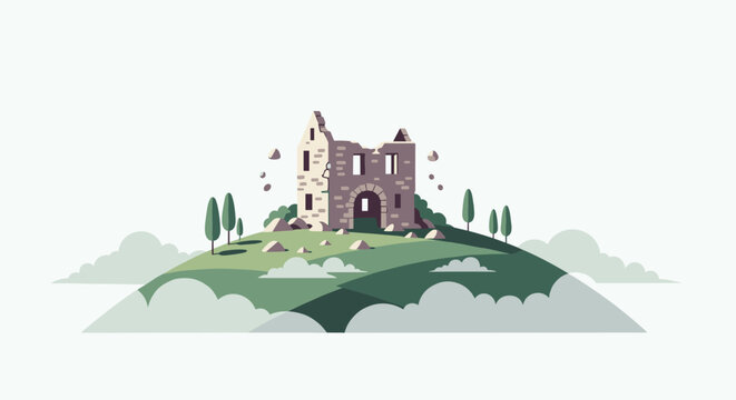 A ruined stone castle stands atop a green hill surrounded by small trees and clouds in a minimalist pixel-art style.