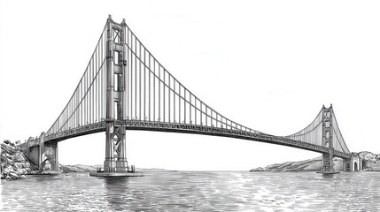 Naklejka premium Golden Gate Bridge engraving sketch panoramic suspension bridge architecture landmark illustration