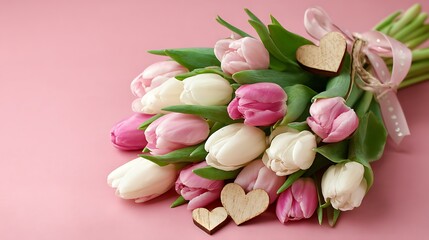 Fototapeta premium Elegant tulips bouquet pink and white, green leaves, wooden hearts, pink ribbon, soft pink backdrop