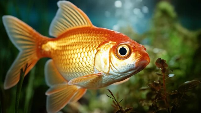 Captivating underwater journey of a vibrant goldfish showcasing its stunning colors and intricate scales amidst lush aquatic vegetation and bubbles in the aquarium